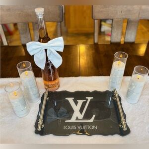 LV “Handmade”Black and White Logo Decorative Serving Tray with Gold Handles.